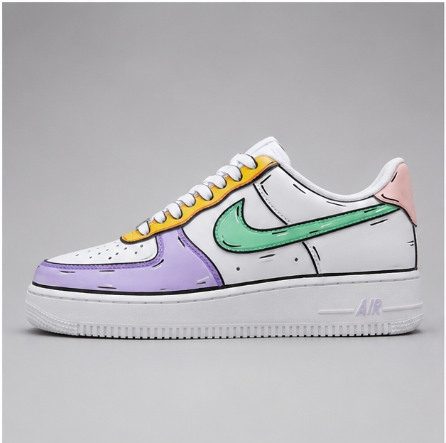 Urban Palette Pastel Pop custom hand-painted white sneakers featuring mint green, lavender, yellow, and pink sketch-style artwork