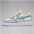 Urban Palette Pastel Pop custom hand-painted white sneakers featuring mint green, lavender, yellow, and pink sketch-style artwork