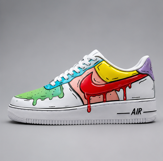 Urban Palette Pop Drip custom hand-painted sneakers featuring colorful drip artwork, comic-style outlines, and vibrant pop art design