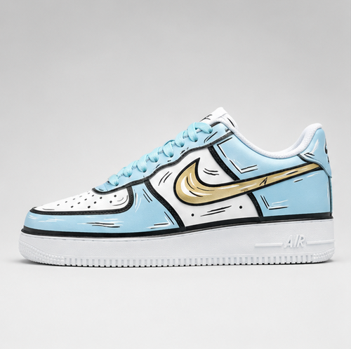 Urban Palette Blue Mirage custom hand-painted sneakers featuring sky-blue panels, gold accents, and sketch-style artwork