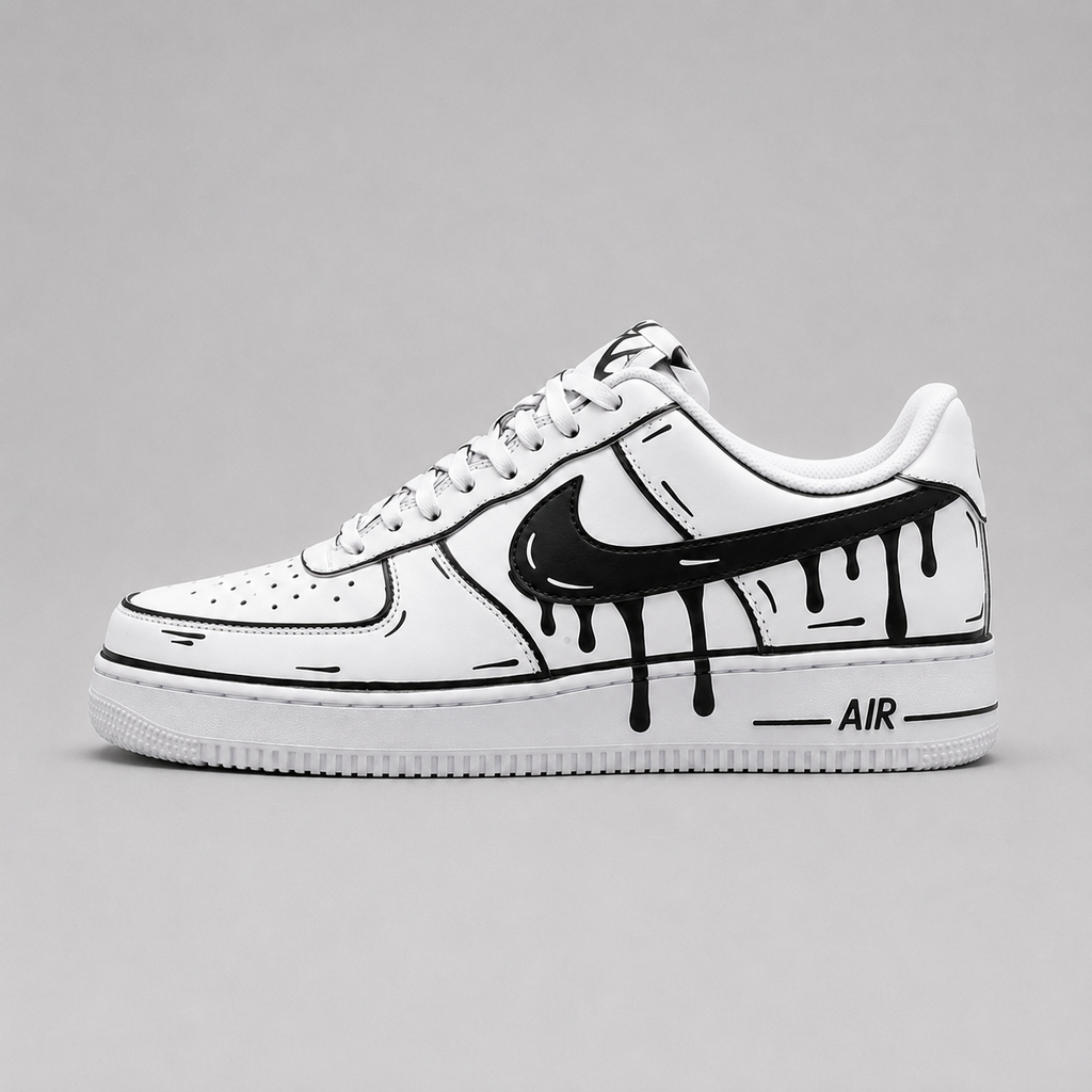 Urban Palette Midnight Drip custom hand-painted white sneakers featuring black drip artwork and monochrome streetwear design