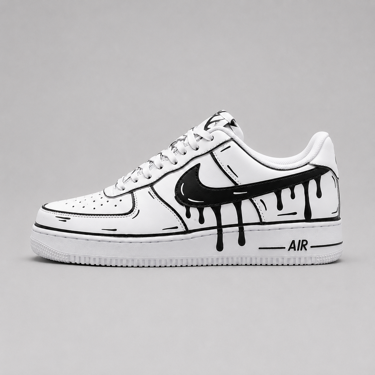 Urban Palette Midnight Drip custom hand-painted white sneakers featuring black drip artwork and monochrome streetwear design