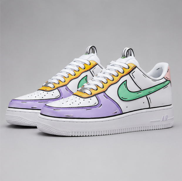 Urban Palette Pastel Pop custom hand-painted white sneakers featuring mint green, lavender, yellow, and pink sketch-style artwork