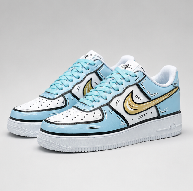 Urban Palette Blue Mirage custom hand-painted sneakers featuring sky-blue panels, gold accents, and sketch-style artwork