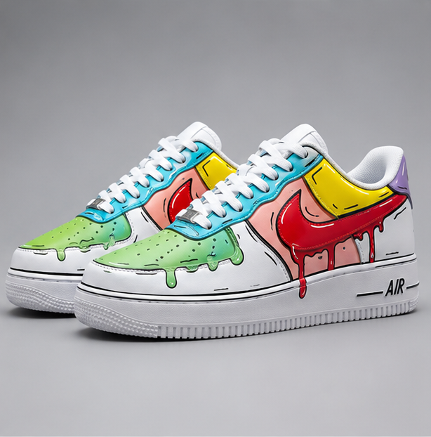 Urban Palette Pop Drip custom hand-painted sneakers featuring colorful drip artwork, comic-style outlines, and vibrant pop art design