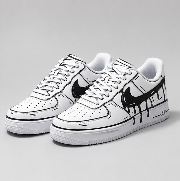 Urban Palette Midnight Drip custom hand-painted white sneakers featuring black drip artwork and monochrome streetwear design