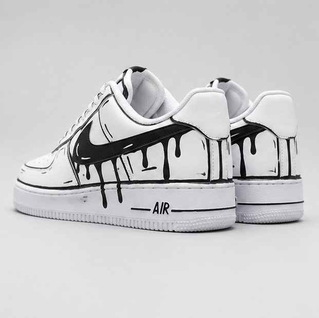 Urban Palette Midnight Drip custom hand-painted white sneakers featuring black drip artwork and monochrome streetwear design