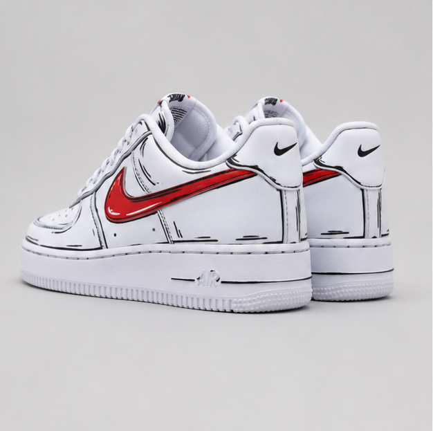 Urban Palette Crimson Sketch custom hand-painted sneakers featuring comic-style black outlines and vibrant red artwork
