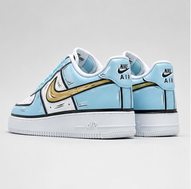 Urban Palette Blue Mirage custom hand-painted sneakers featuring sky-blue panels, gold accents, and sketch-style artwork