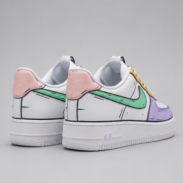 Urban Palette Pastel Pop custom hand-painted white sneakers featuring mint green, lavender, yellow, and pink sketch-style artwork