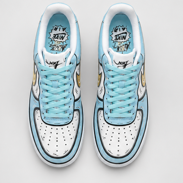Urban Palette Blue Mirage custom hand-painted sneakers featuring sky-blue panels, gold accents, and sketch-style artwork