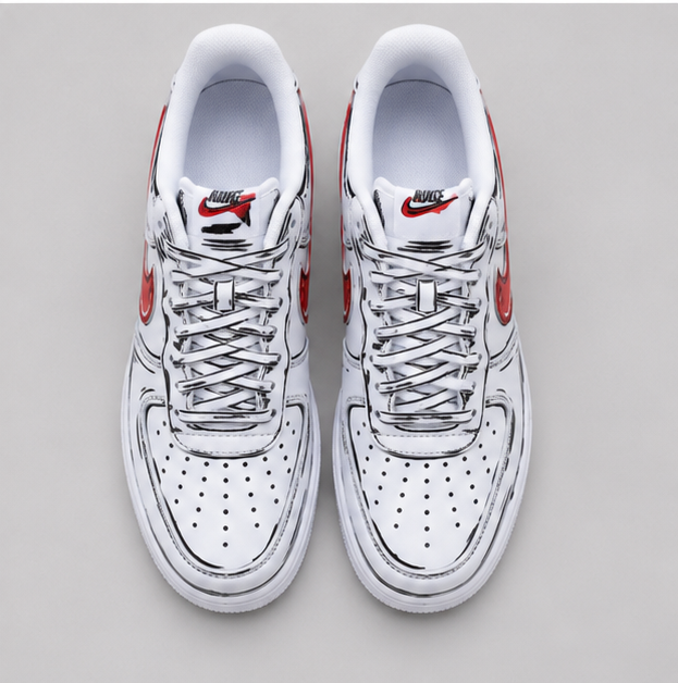 Urban Palette Crimson Sketch custom hand-painted sneakers featuring comic-style black outlines and vibrant red artwork