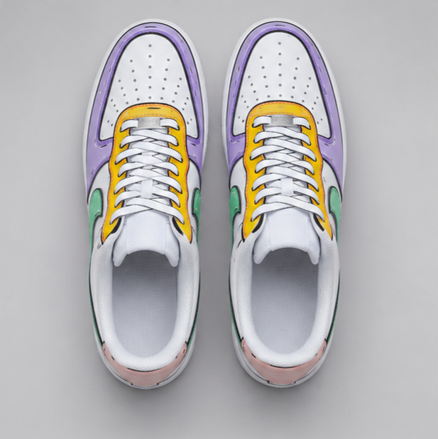 Urban Palette Pastel Pop custom hand-painted white sneakers featuring mint green, lavender, yellow, and pink sketch-style artwork